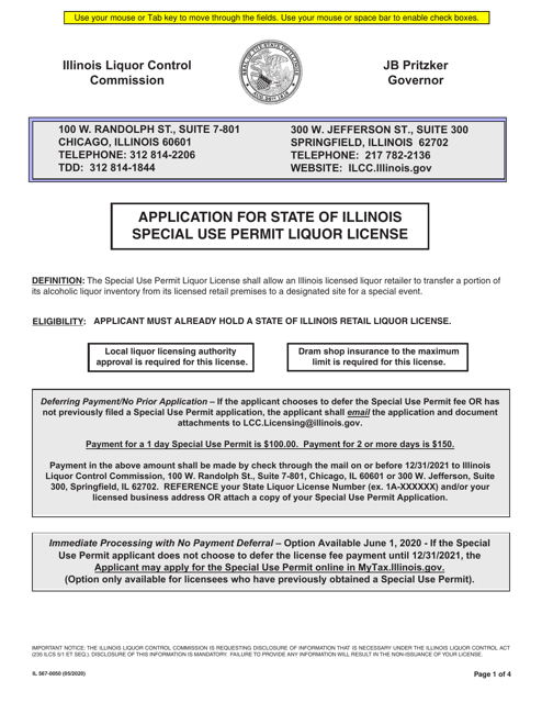 Form IL567-0050 Application for State of Illinois Special Use Permit Liquor License - Illinois