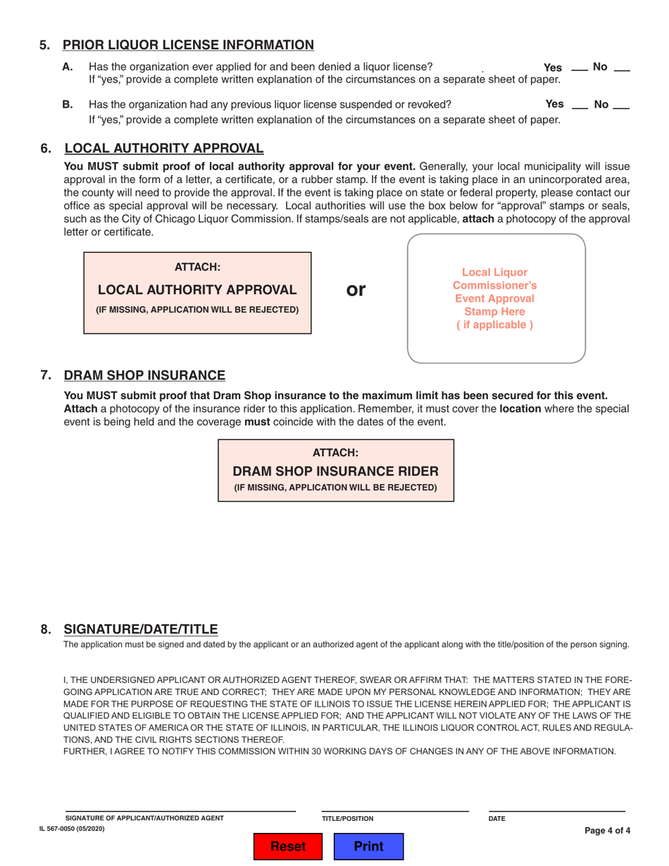 Form IL567-0050 Application for State of Illinois Special Use Permit Liquor License - Illinois, Page 4