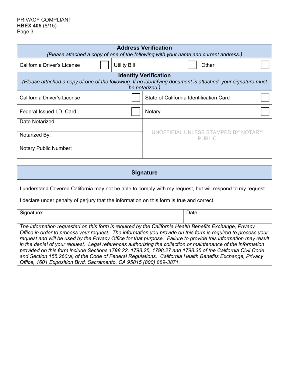 Form HBEX405 Privacy Complaint Form - California, Page 3