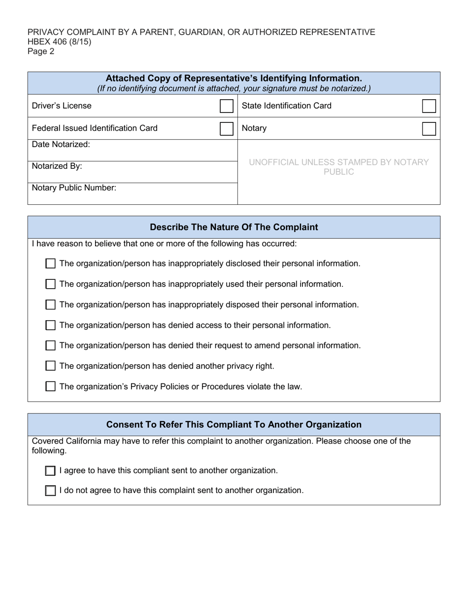 Form HBEX406 Privacy Complaint by a Parent, Guardian, or Authorized Representative - California, Page 2