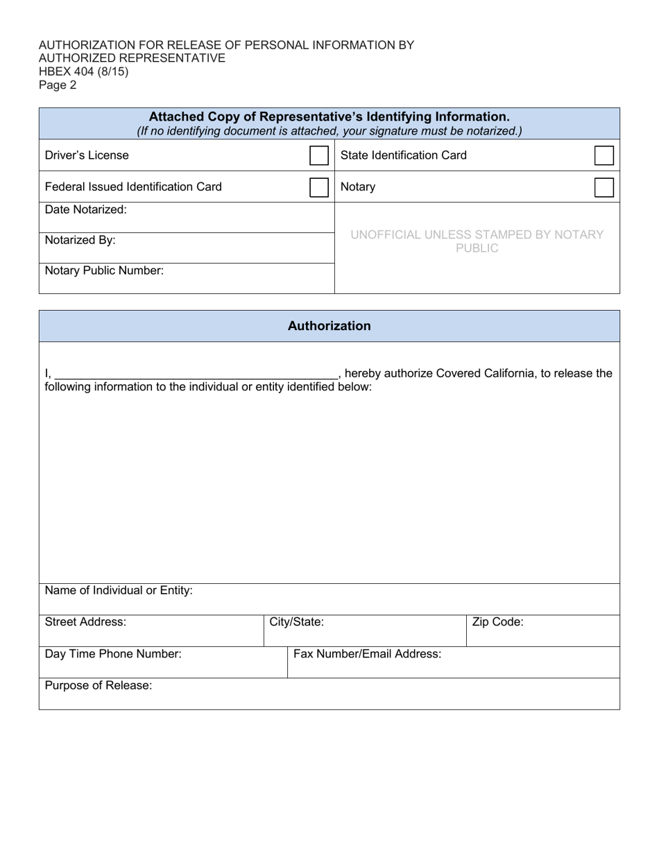 Form HBEX404 Authorization for Release of Personal Information by Authorized Representative - California, Page 2