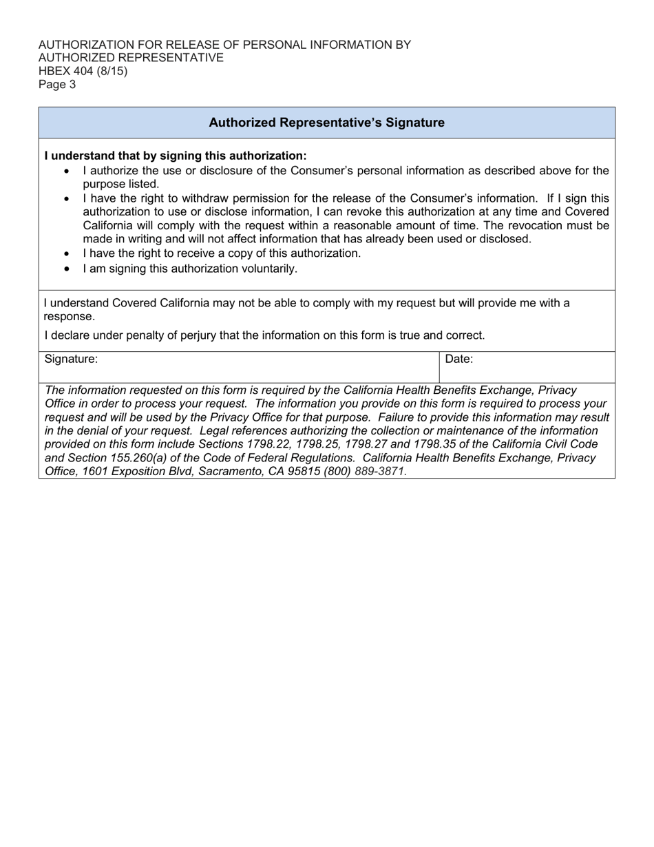 Form HBEX404 Authorization for Release of Personal Information by Authorized Representative - California, Page 3