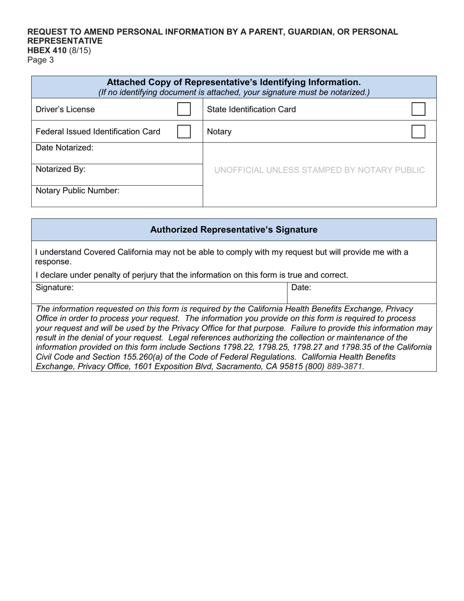 Form HBEX410 Request to Amend Personal Information by a Parent, Guardian, or Personal Representative - California, Page 3