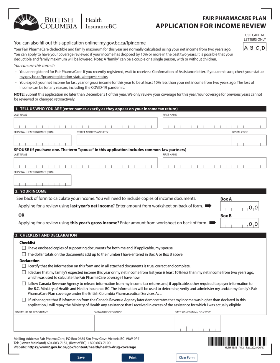 Form HLTH5355 Application for Income Review - Fair Pharmacare Plan - British Columbia, Canada, Page 1