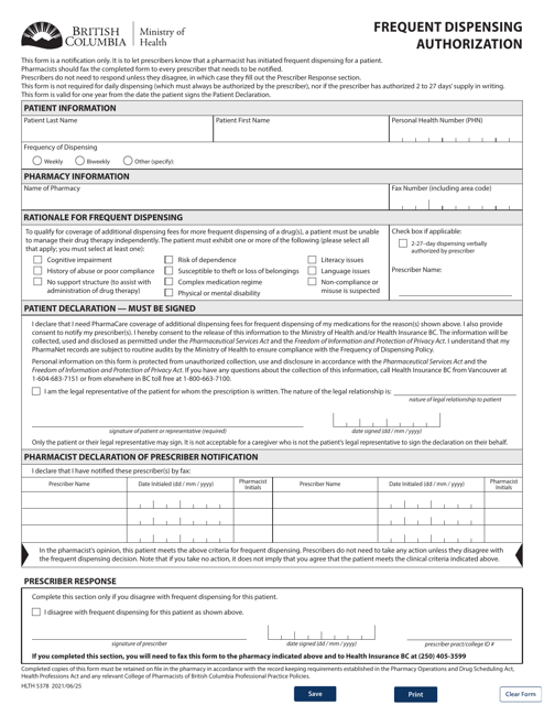 Form HLTH5378 Frequent Dispensing Authorization - British Columbia, Canada