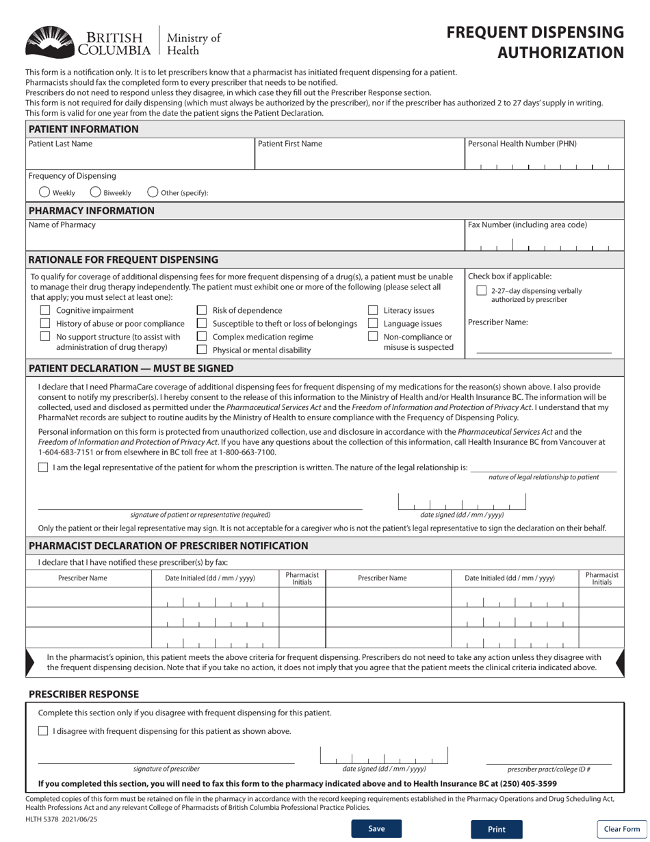 Form HLTH5378 Frequent Dispensing Authorization - British Columbia, Canada, Page 1