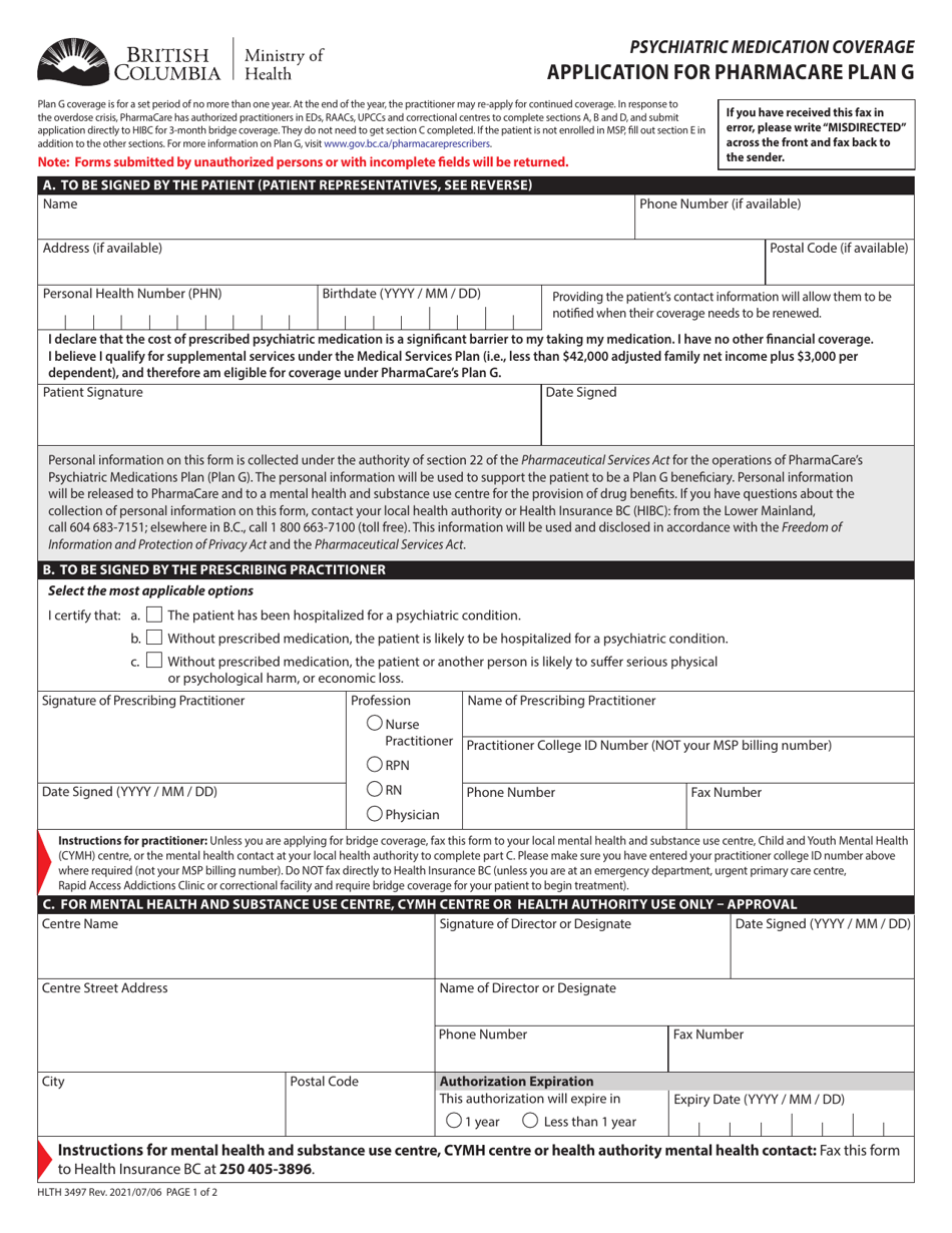 Form HLTH3497 Application for Pharmacare Plan G - British Columbia, Canada, Page 1