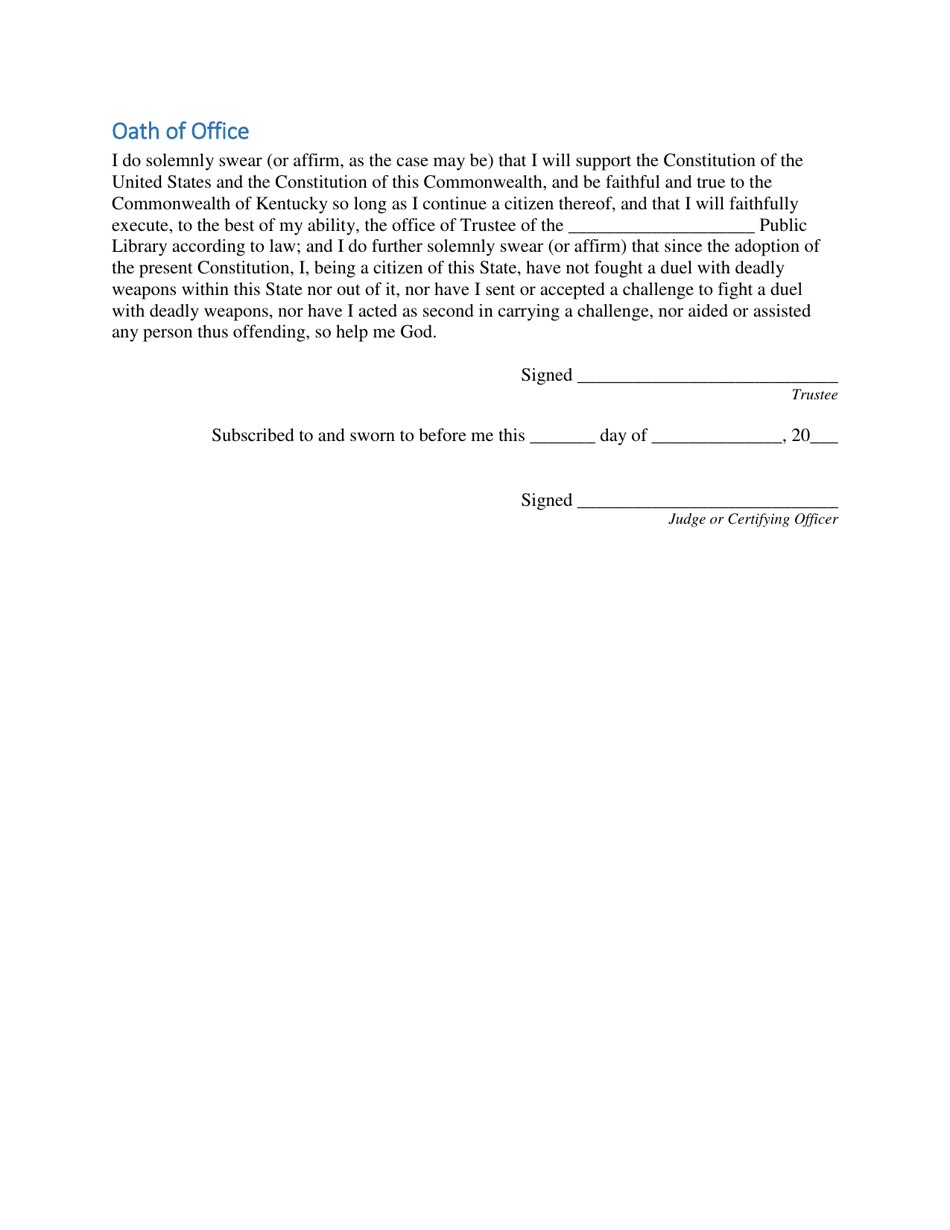 Kentucky Trustee Oath of Office Fill Out, Sign Online and Download