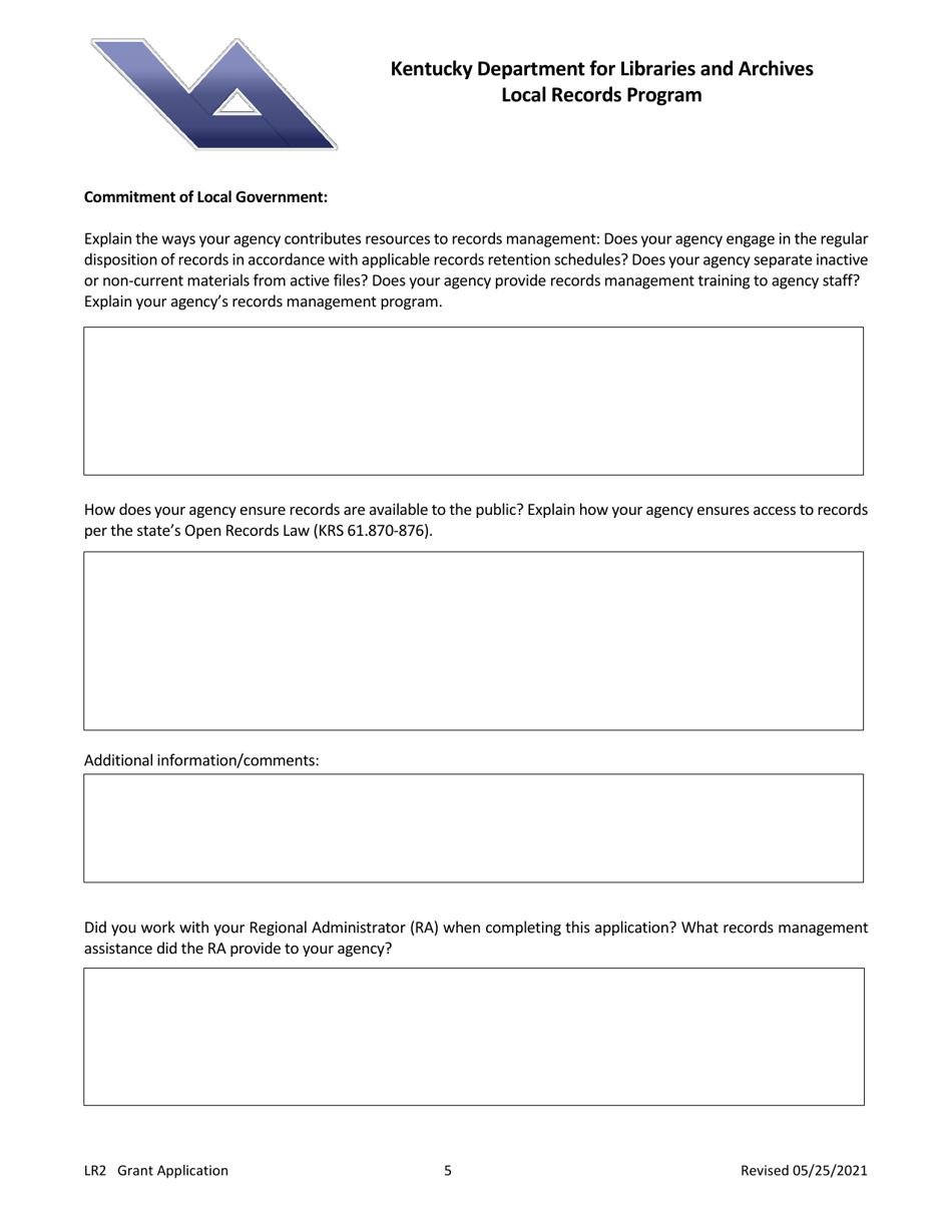 Form LR2 Local Records Program Grant Application - Kentucky, Page 5