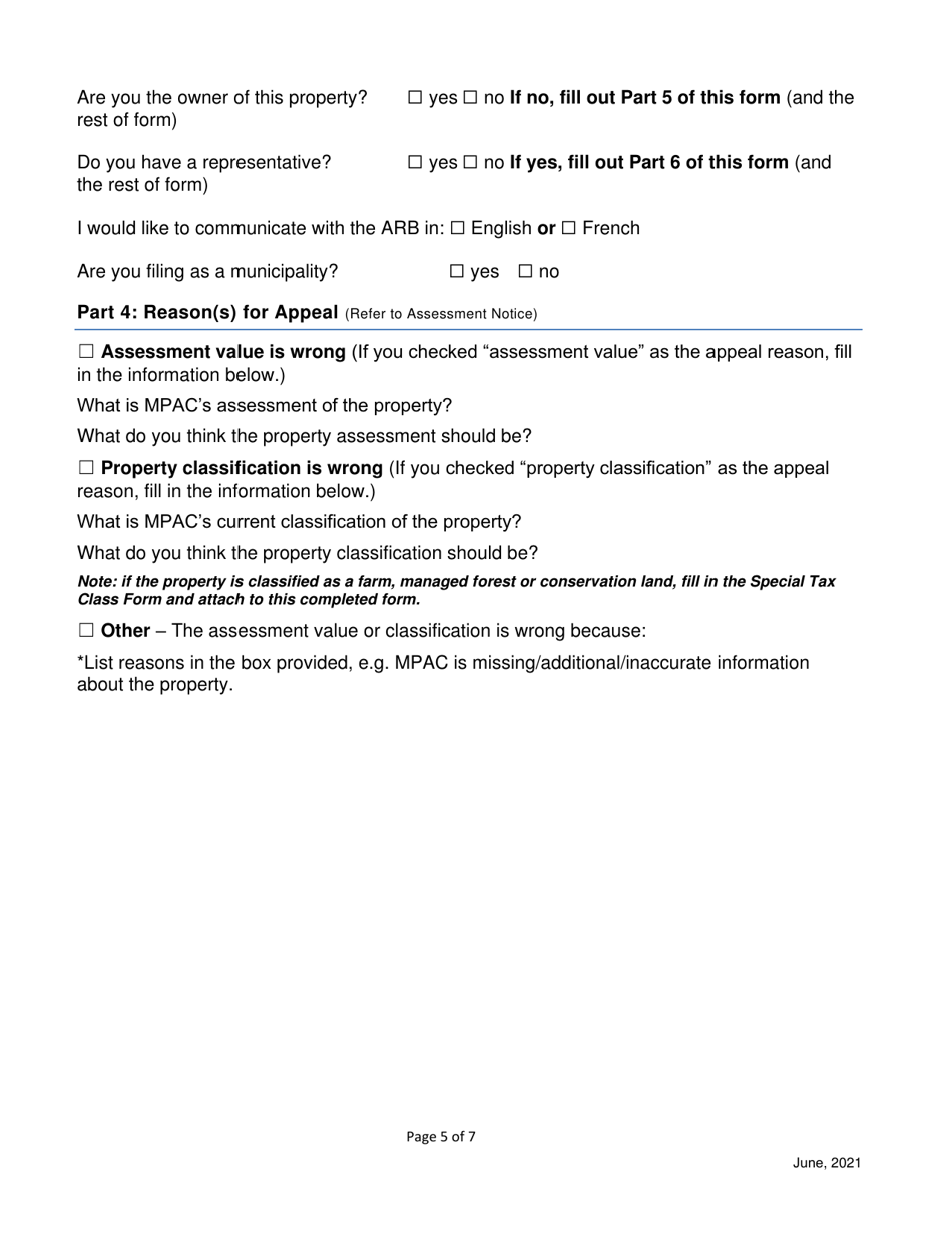 Property Assessment Appeal Form - Ontario, Canada, Page 5