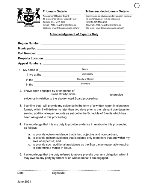Acknowledgement of Expert's Duty - Ontario, Canada Download Pdf