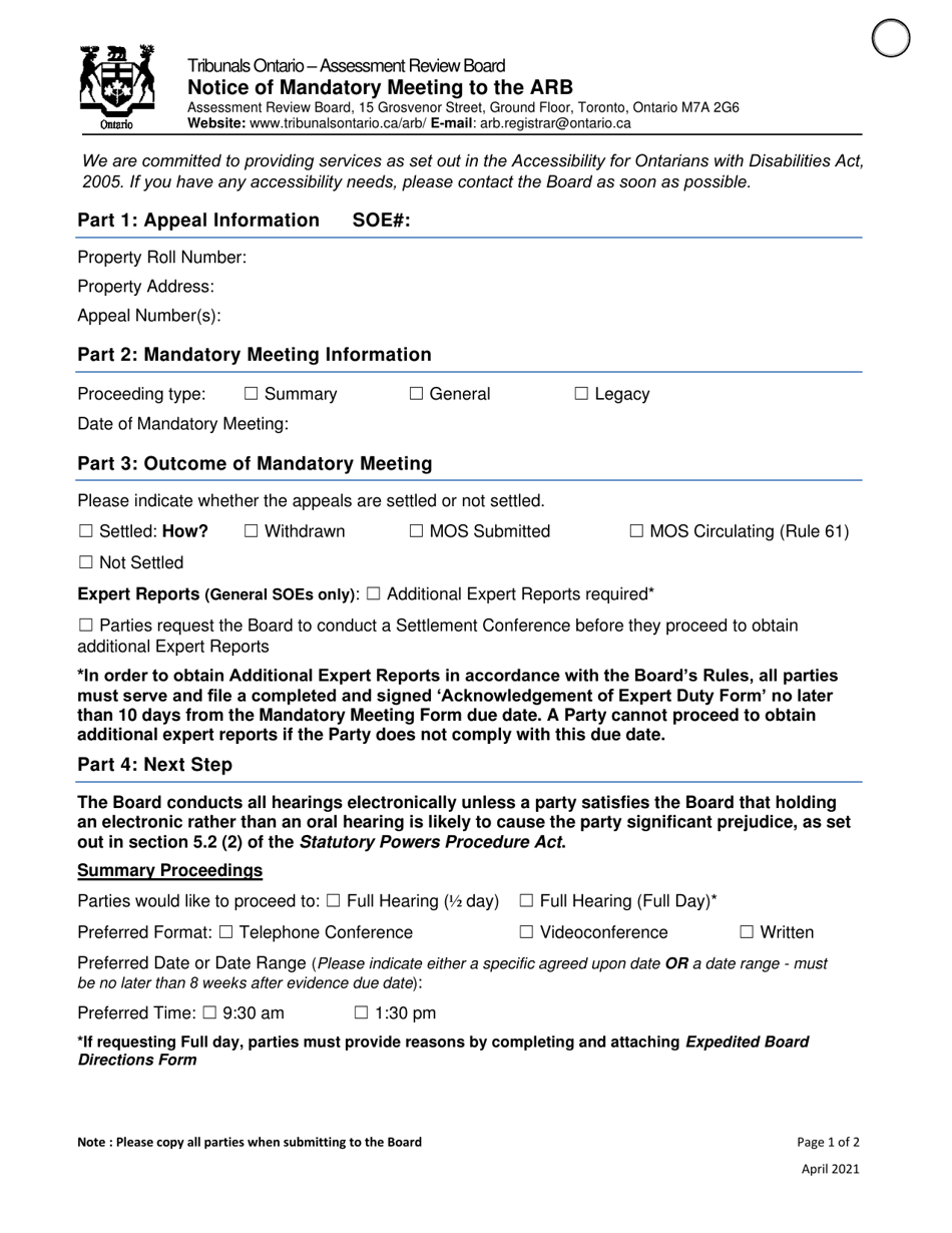 Notice of Mandatory Meeting to the Arb - Ontario, Canada, Page 1