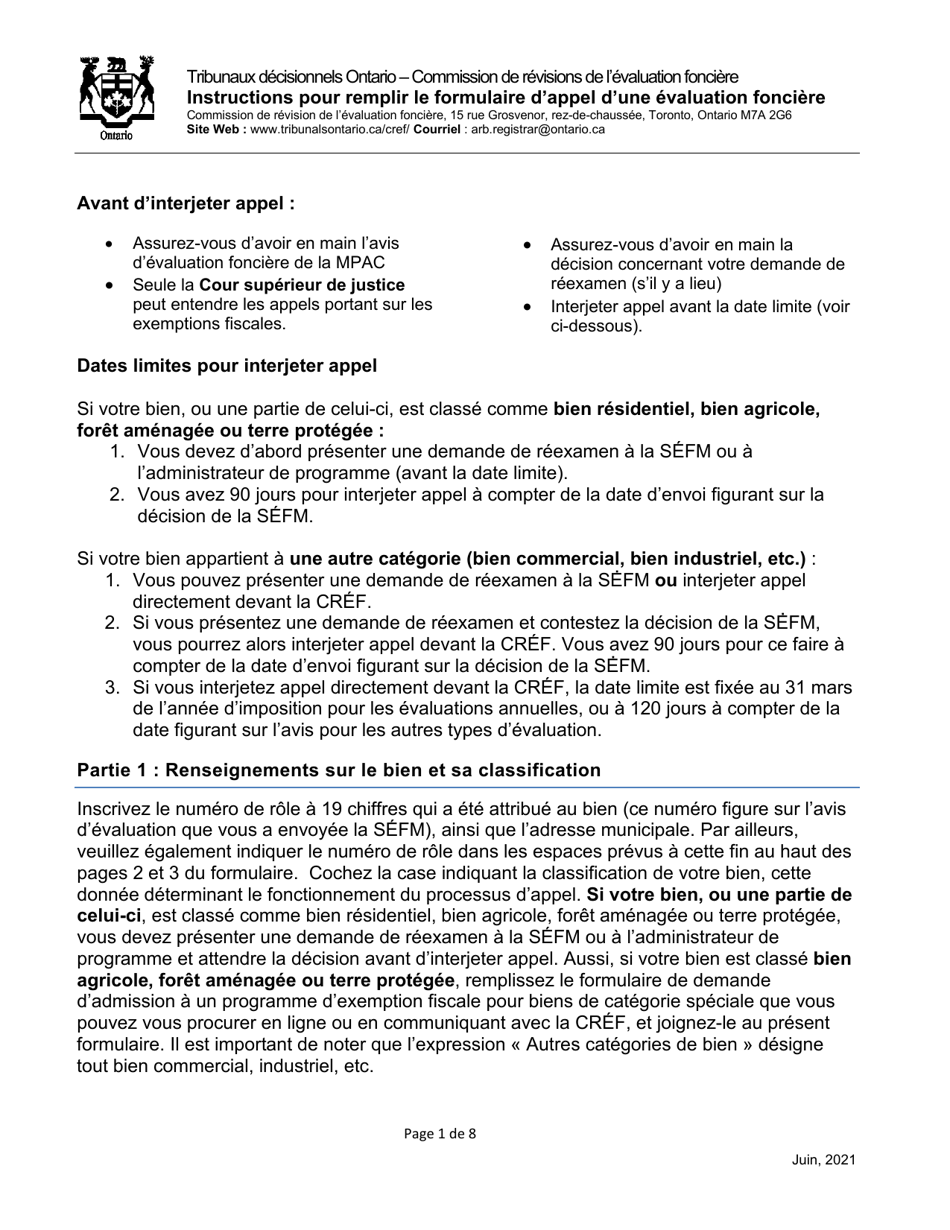 Formulaire Dappel Dune Evaluation Fonciere De La Cref - Ontario, Canada (French), Page 1