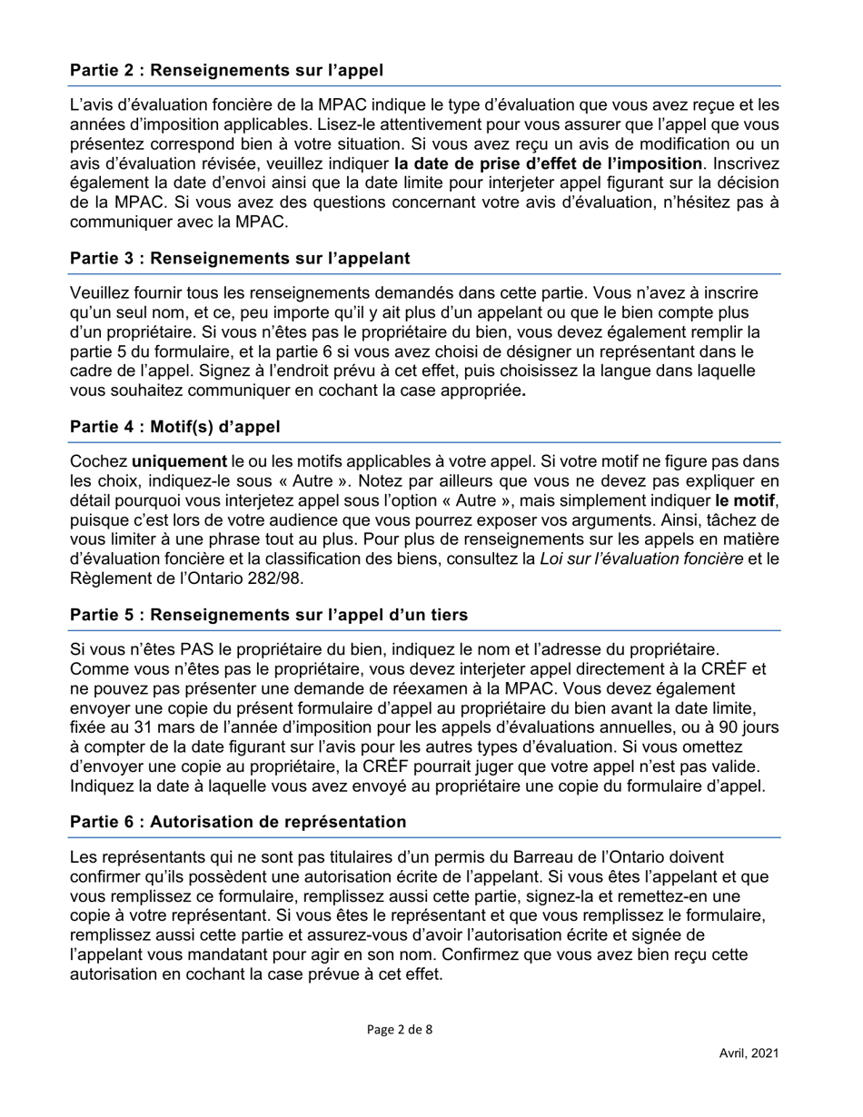 Formulaire Dappel Dune Evaluation Fonciere De La Cref - Ontario, Canada (French), Page 2
