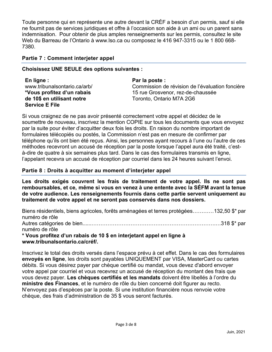 Formulaire Dappel Dune Evaluation Fonciere De La Cref - Ontario, Canada (French), Page 3