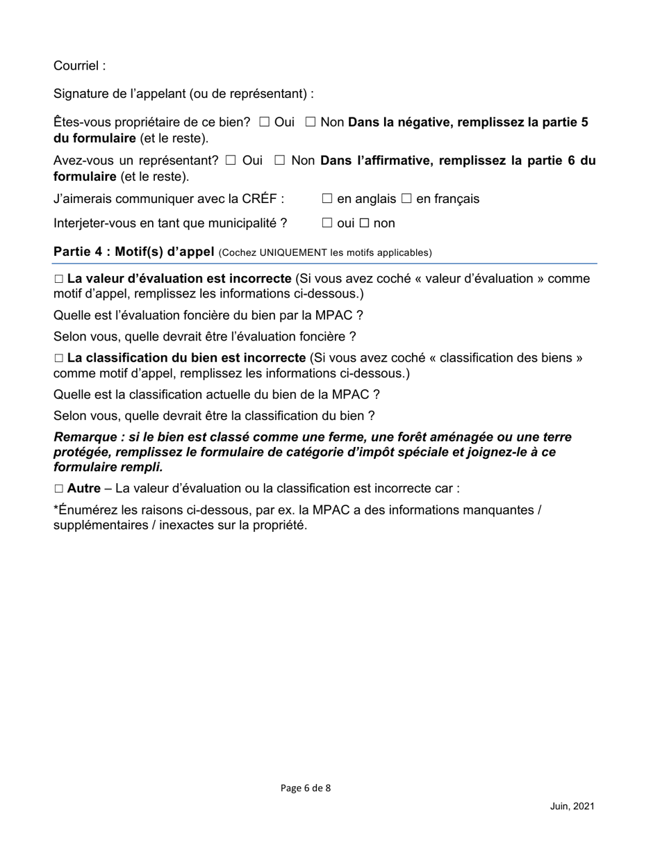 Formulaire Dappel Dune Evaluation Fonciere De La Cref - Ontario, Canada (French), Page 6