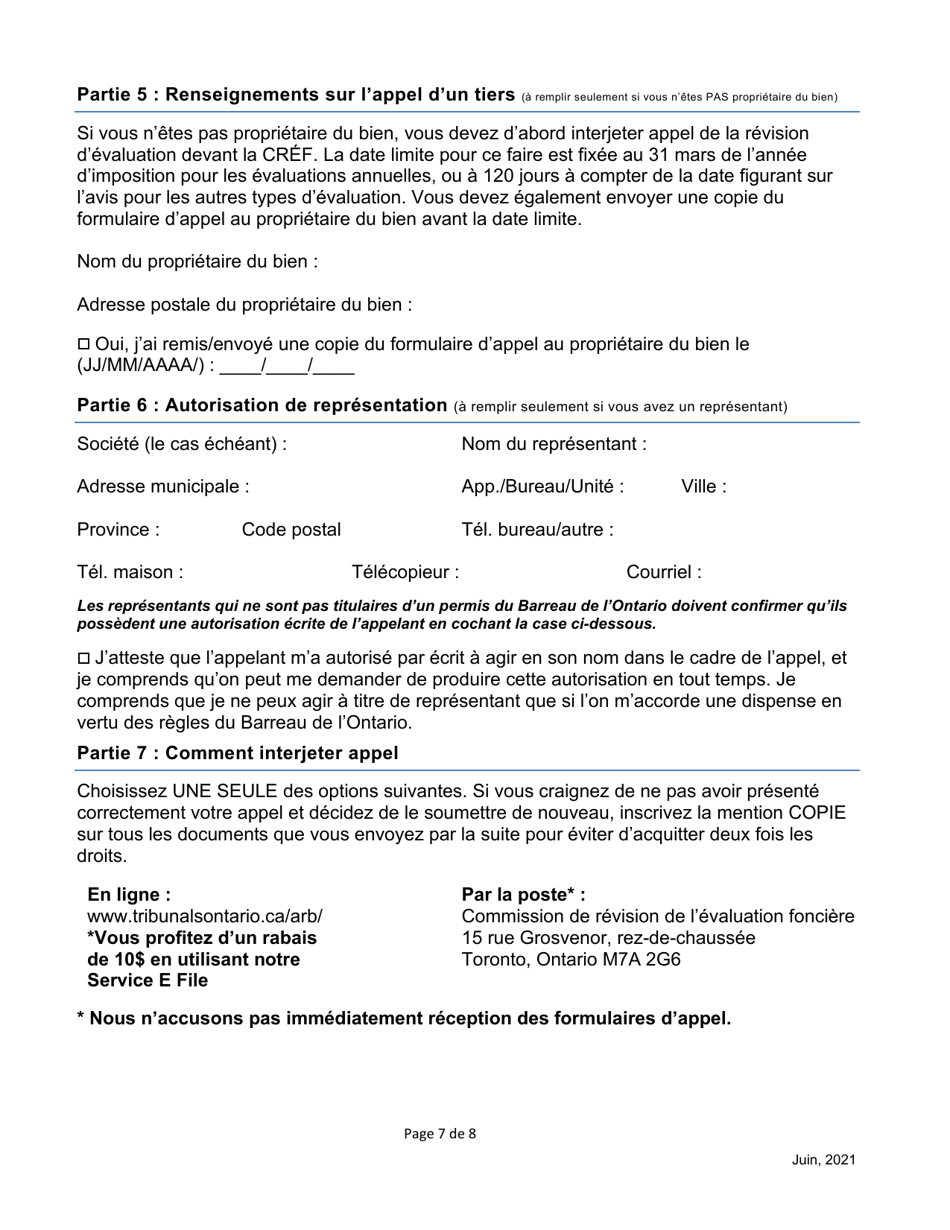 Formulaire Dappel Dune Evaluation Fonciere De La Cref - Ontario, Canada (French), Page 7