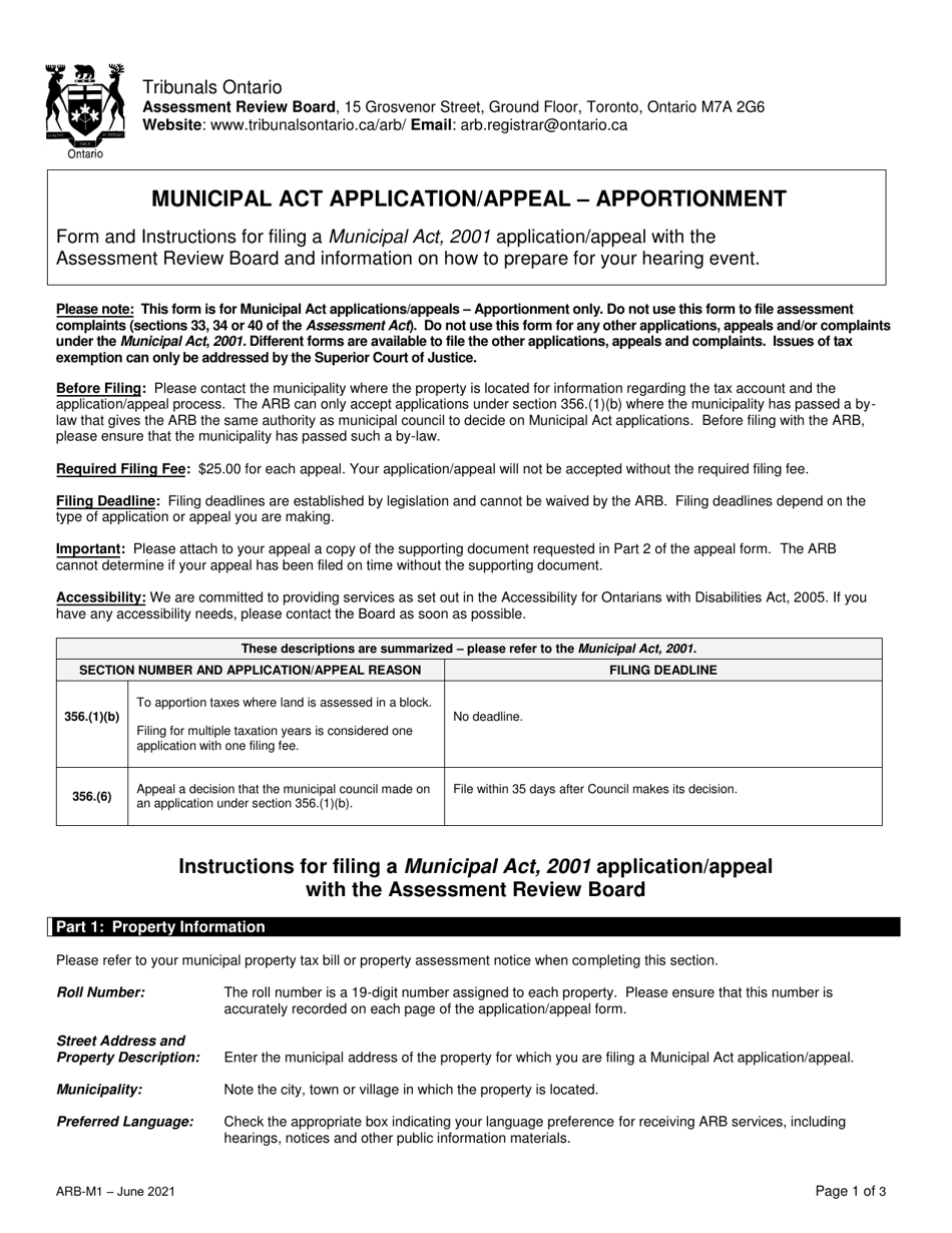 Form ARB-M1 Municipal Act Application / Appeal - Apportionment - Ontario, Canada, Page 1