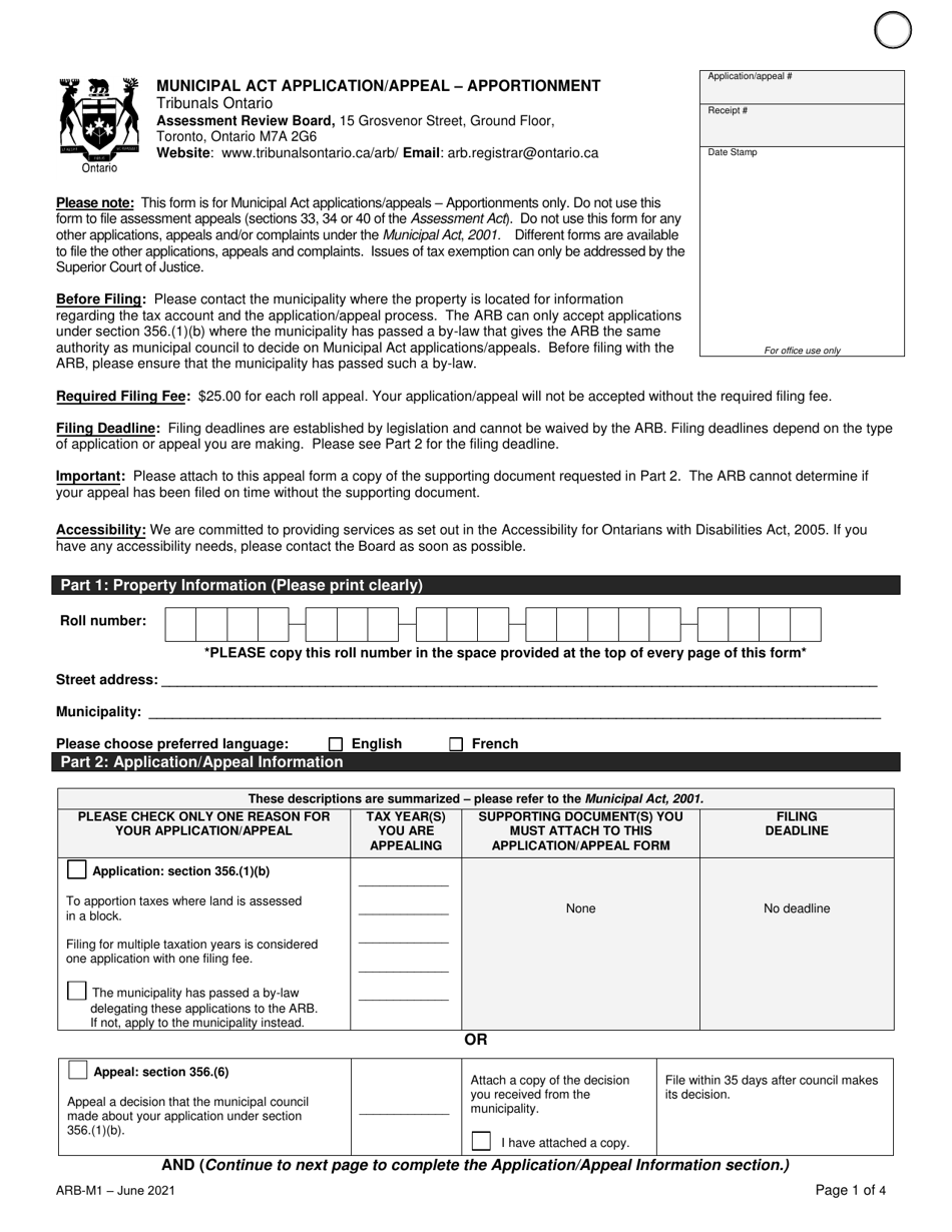 Form ARB-M1 Municipal Act Application / Appeal - Apportionment - Ontario, Canada, Page 4