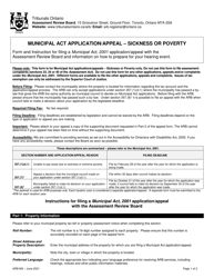 Form ARB-M3 &quot;Municipal Act Application/Appeal - Sickness or Poverty&quot; - Ontario, Canada