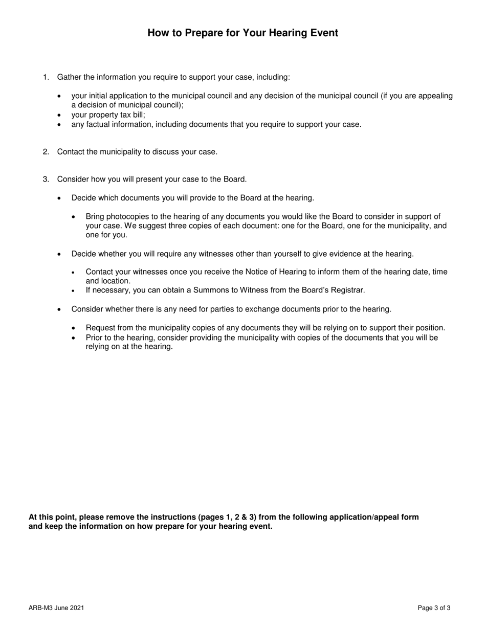 Form ARB-M3 Municipal Act Application / Appeal - Sickness or Poverty - Ontario, Canada, Page 3