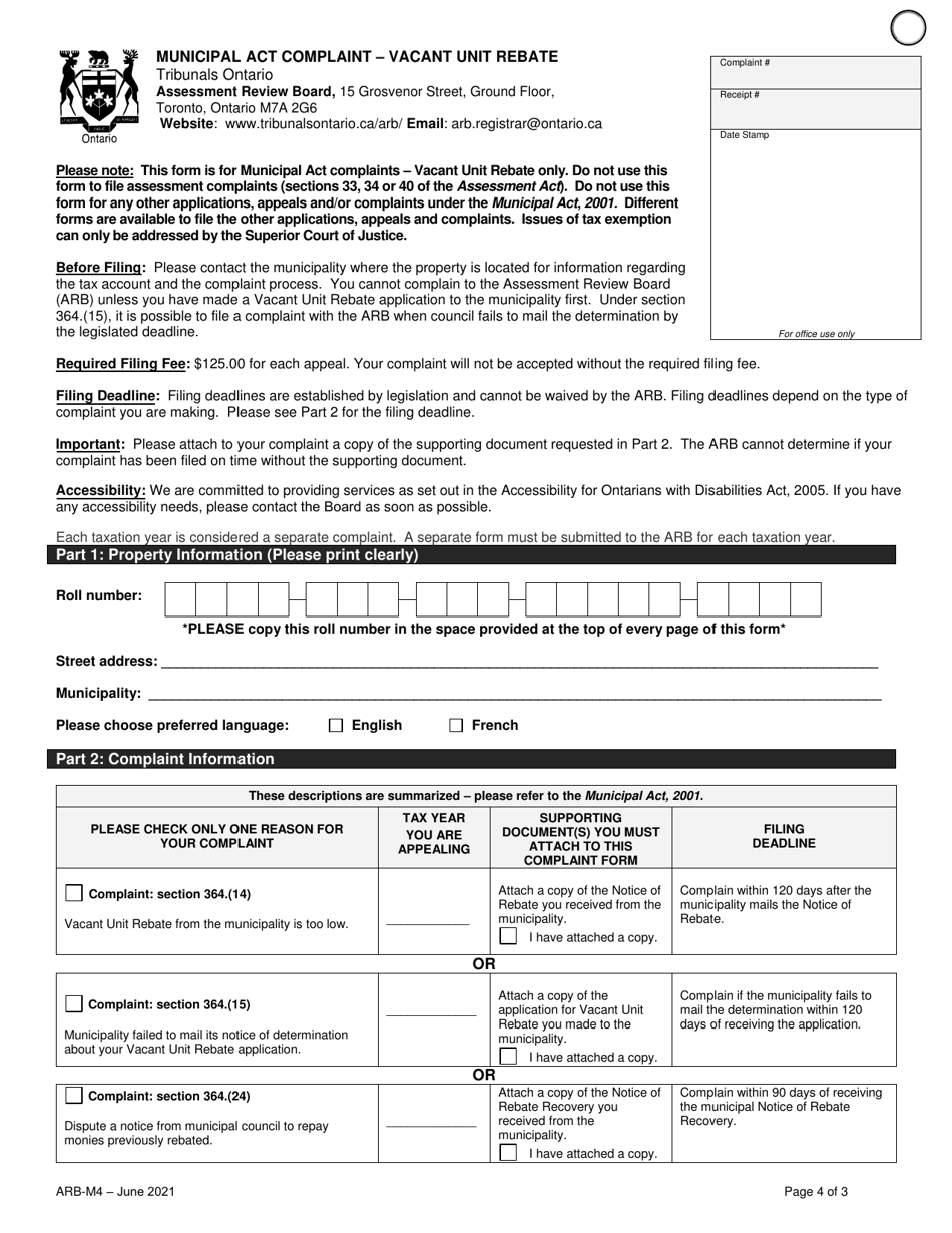 Form ARB-M4 Municipal Act Complaint - Vacant Unit Rebate - Ontario, Canada, Page 4