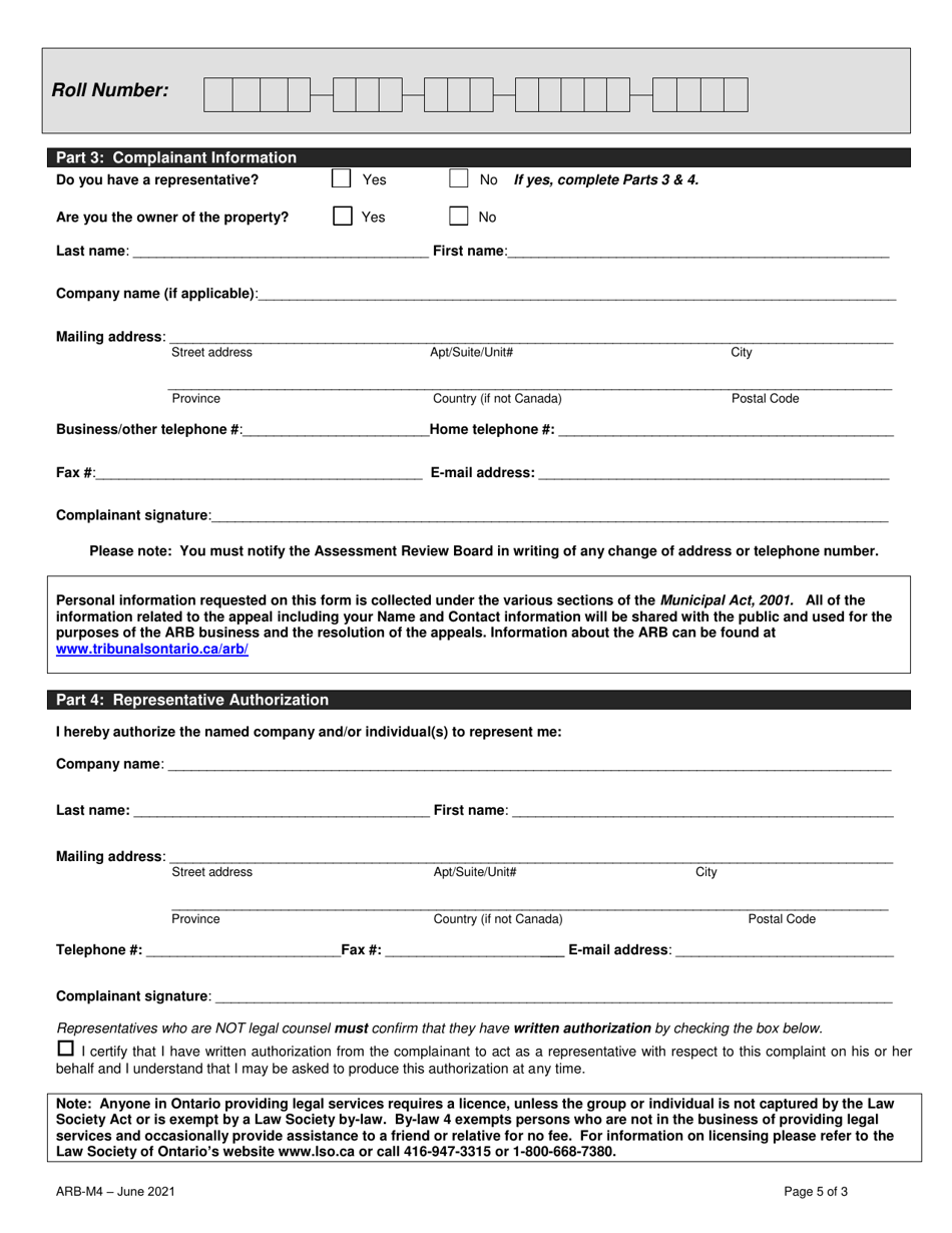 Form ARB-M4 Municipal Act Complaint - Vacant Unit Rebate - Ontario, Canada, Page 5
