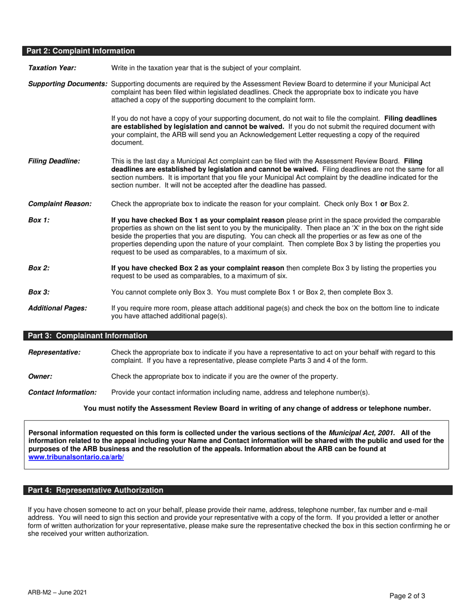 Form ARB-M2 Municipal Act Complaint - Comparables - Ontario, Canada, Page 2