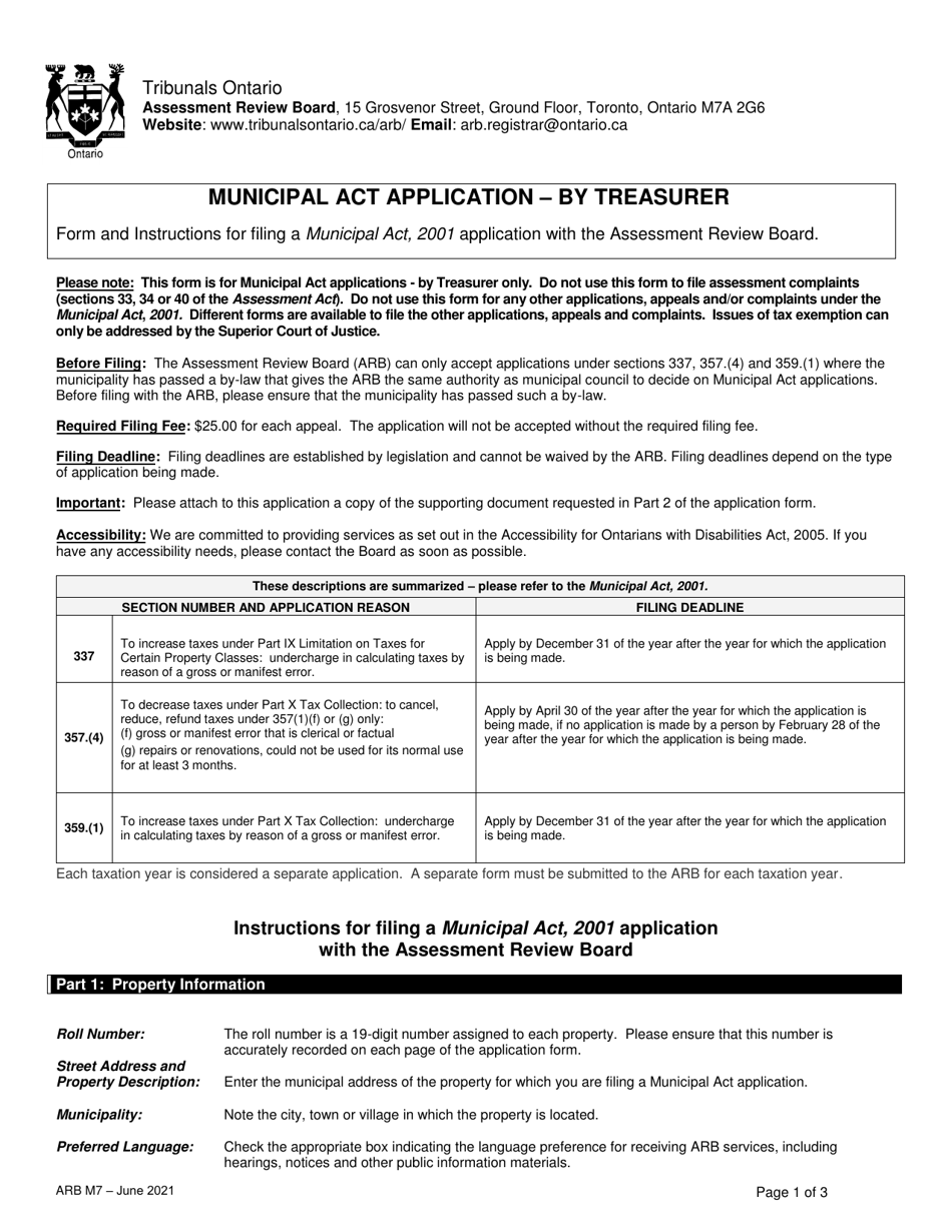 Form ARB-M7 Municipal Act Application - by Treasurer - Ontario, Canada, Page 1