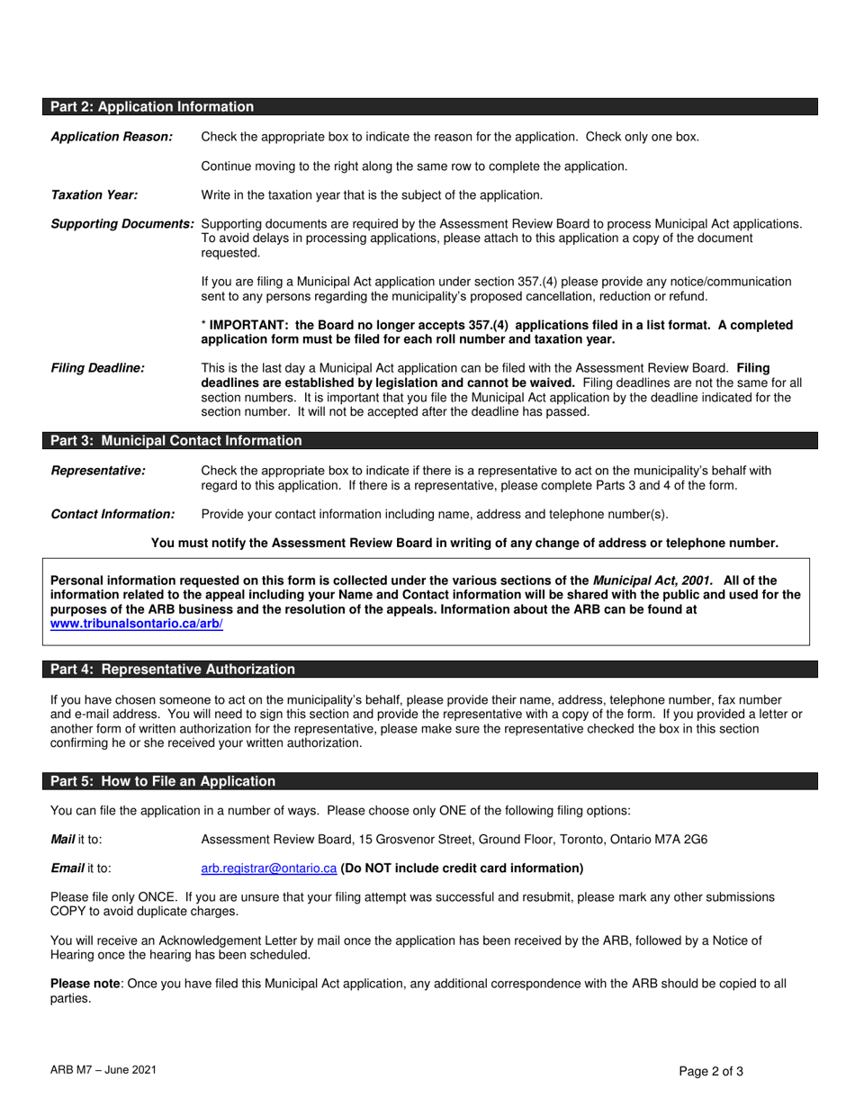Form ARB-M7 Municipal Act Application - by Treasurer - Ontario, Canada, Page 2