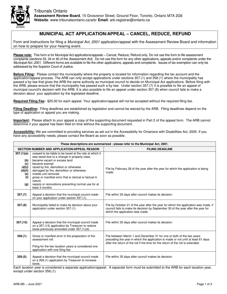 Form ARB-M5 Municipal Act Application / Appeal - Cancel, Reduce, Refund - Ontario, Canada, Page 1