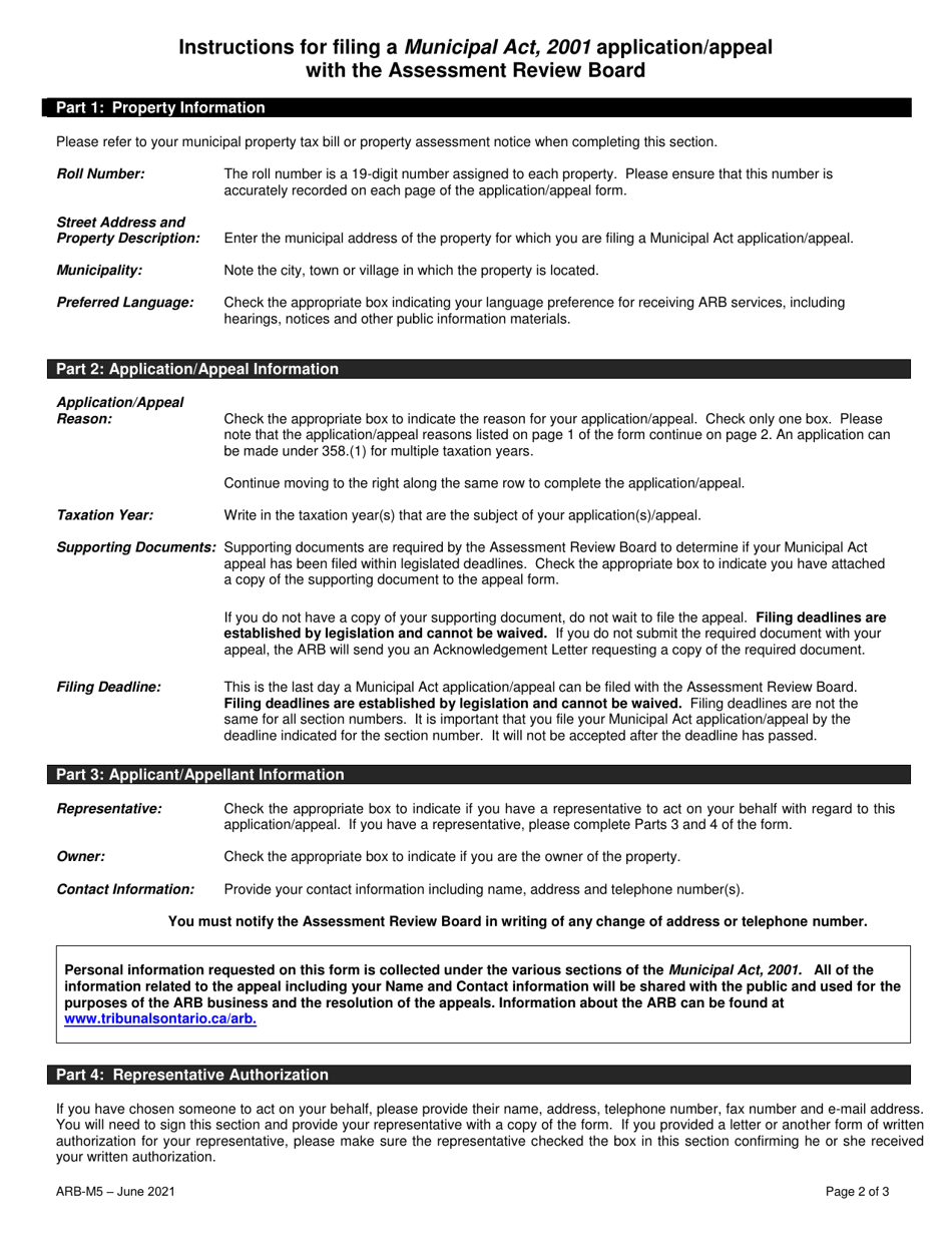 Form ARB-M5 Municipal Act Application / Appeal - Cancel, Reduce, Refund - Ontario, Canada, Page 2