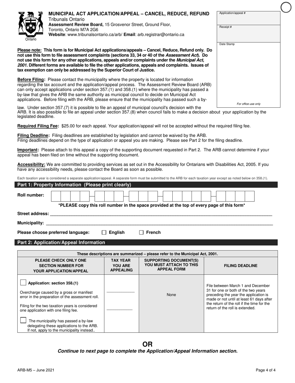 Form ARB-M5 Municipal Act Application / Appeal - Cancel, Reduce, Refund - Ontario, Canada, Page 4