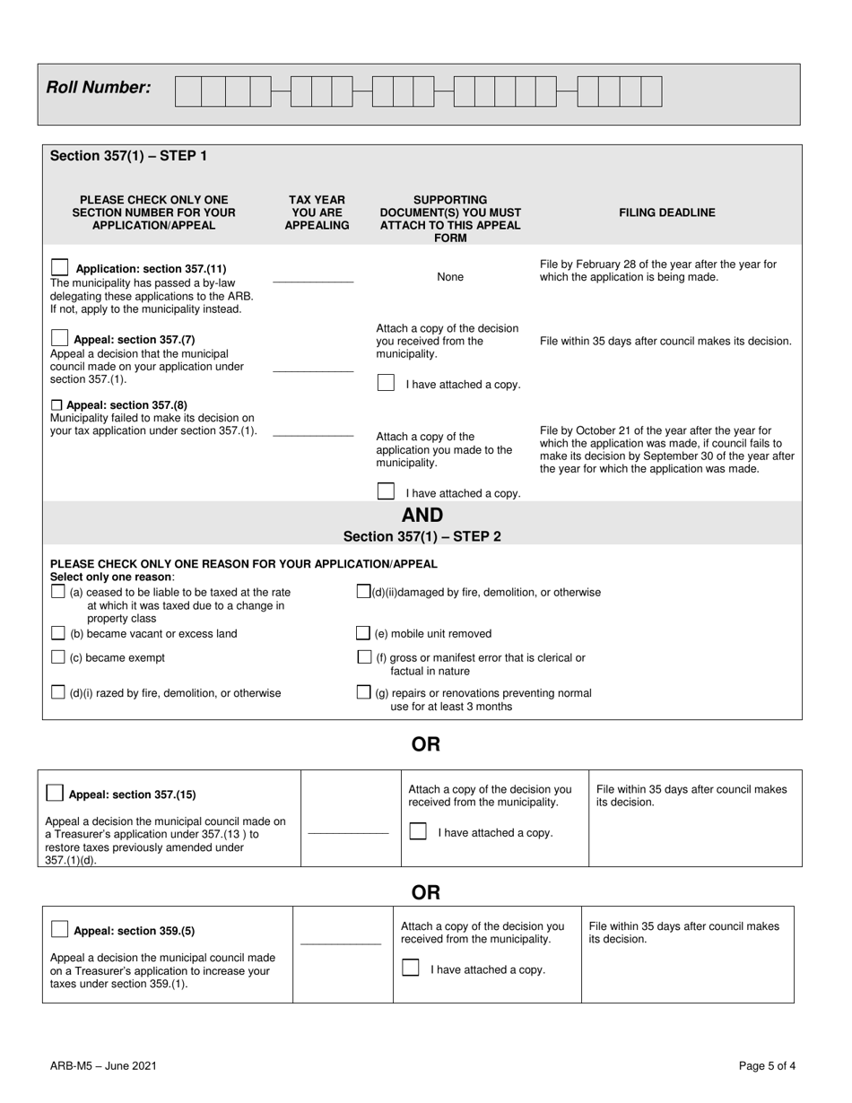Form ARB-M5 Municipal Act Application / Appeal - Cancel, Reduce, Refund - Ontario, Canada, Page 5