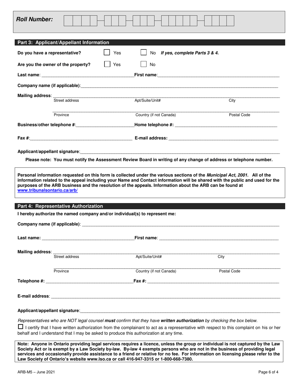 Form ARB-M5 Municipal Act Application / Appeal - Cancel, Reduce, Refund - Ontario, Canada, Page 6