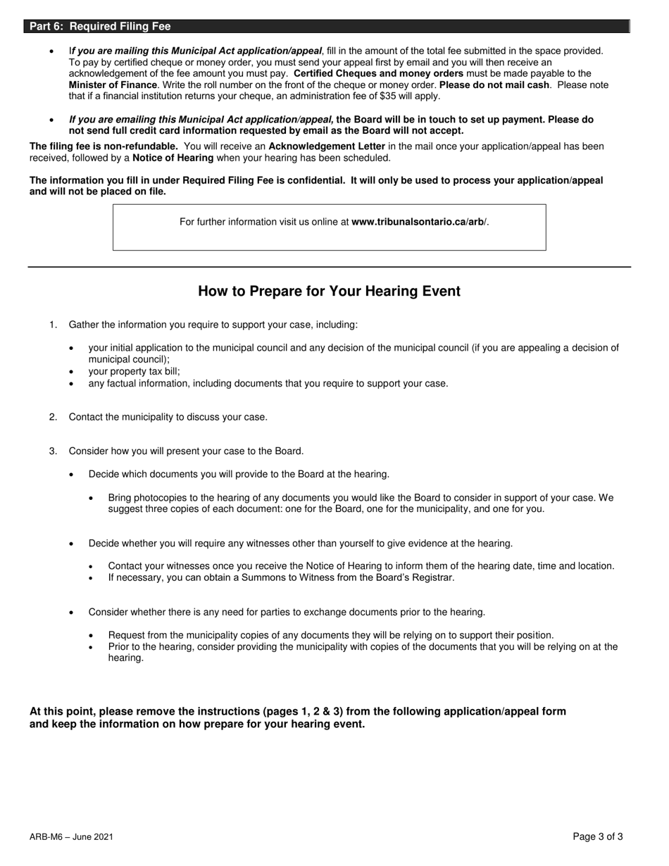 Form ARB-M6 Municipal Act Application / Appeal - Limitation of Taxes - Ontario, Canada, Page 3