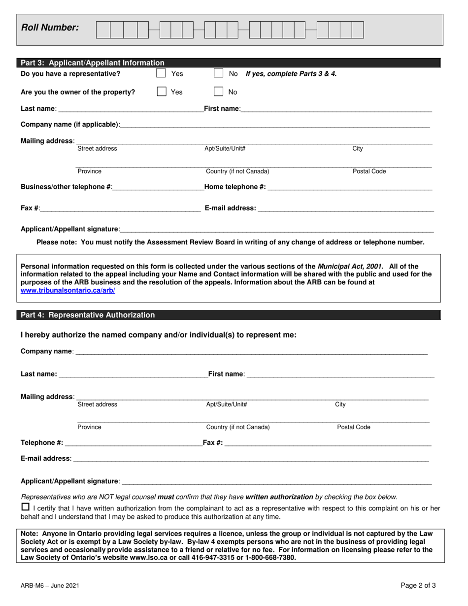 Form ARB-M6 Municipal Act Application / Appeal - Limitation of Taxes - Ontario, Canada, Page 5