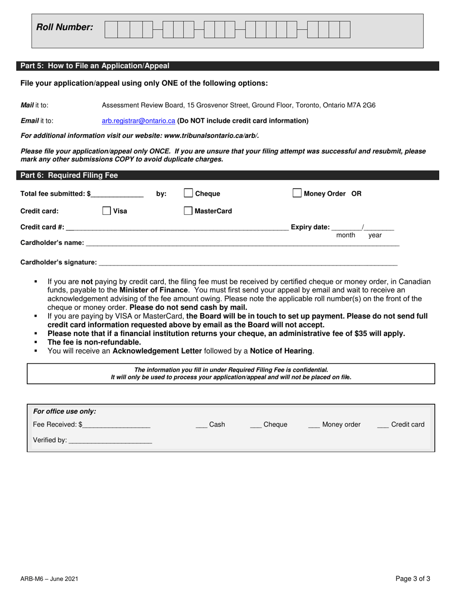 Form ARB-M6 Municipal Act Application / Appeal - Limitation of Taxes - Ontario, Canada, Page 6