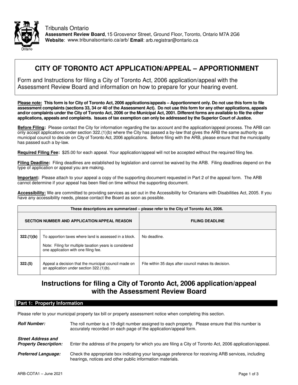 Form ARB-COTA1 City of Toronto Act Application / Appeal - Apportionment - Ontario, Canada, Page 1