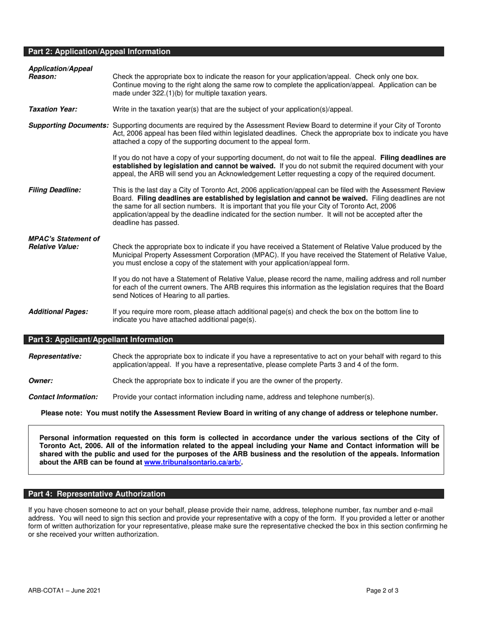 Form ARB-COTA1 City of Toronto Act Application / Appeal - Apportionment - Ontario, Canada, Page 2
