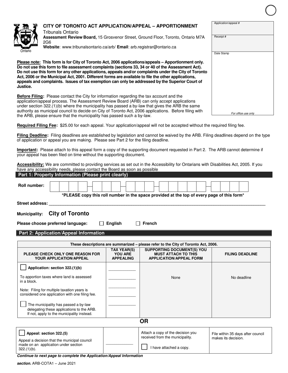 Form ARB-COTA1 City of Toronto Act Application / Appeal - Apportionment - Ontario, Canada, Page 4