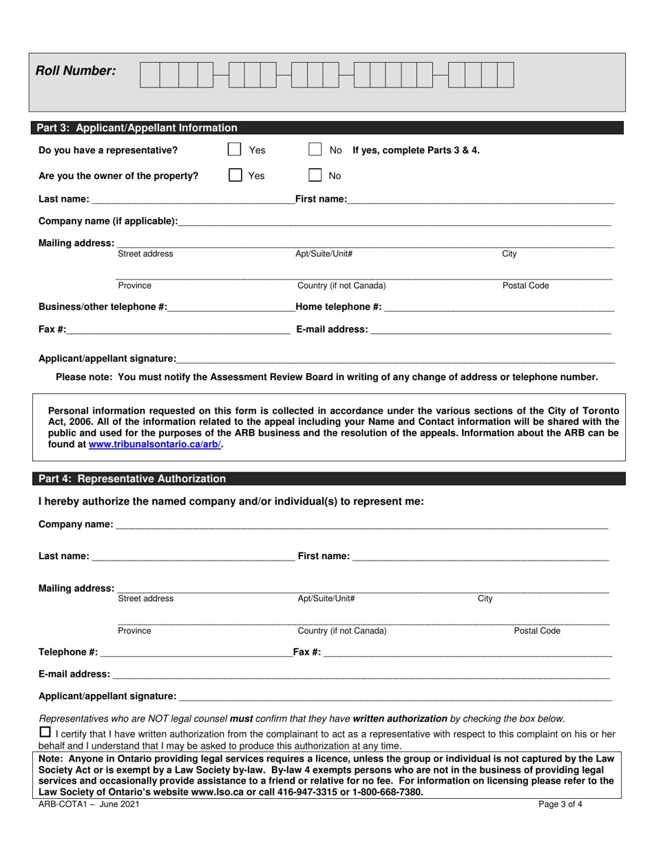 Form ARB-COTA1 City of Toronto Act Application / Appeal - Apportionment - Ontario, Canada, Page 6