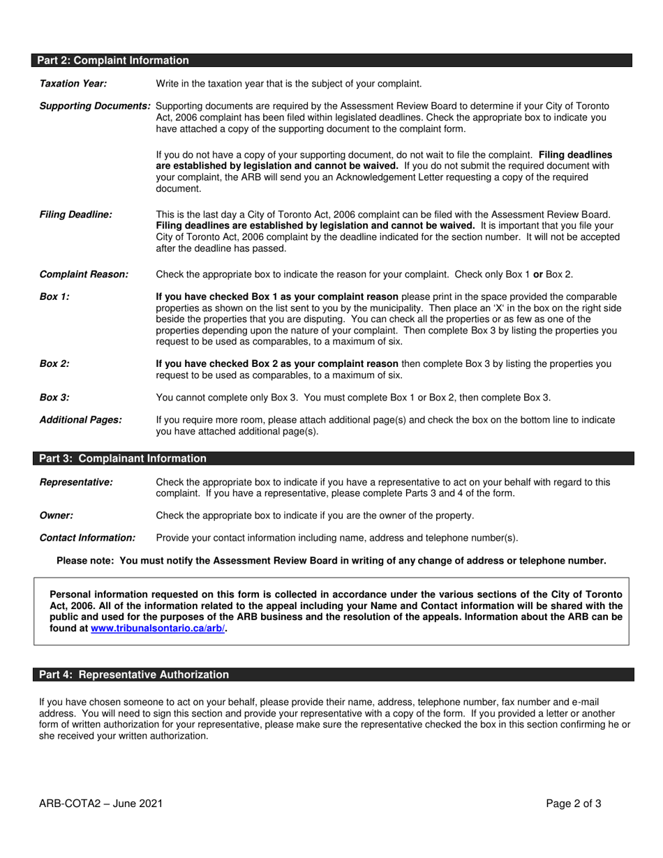 Form ARB-COTA2 City of Toronto Act Complaint - Comparables - Ontario, Canada, Page 2
