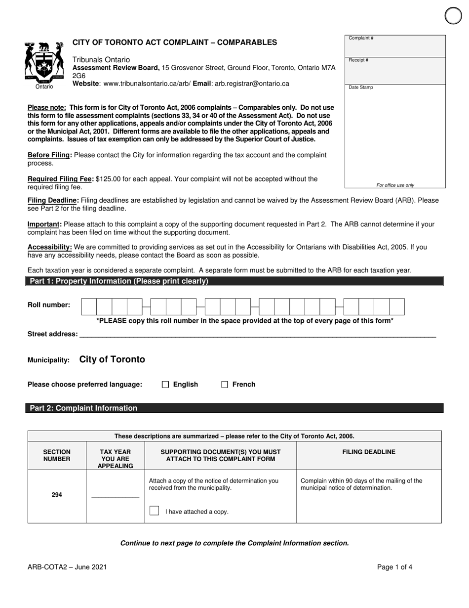 Form ARB-COTA2 City of Toronto Act Complaint - Comparables - Ontario, Canada, Page 4