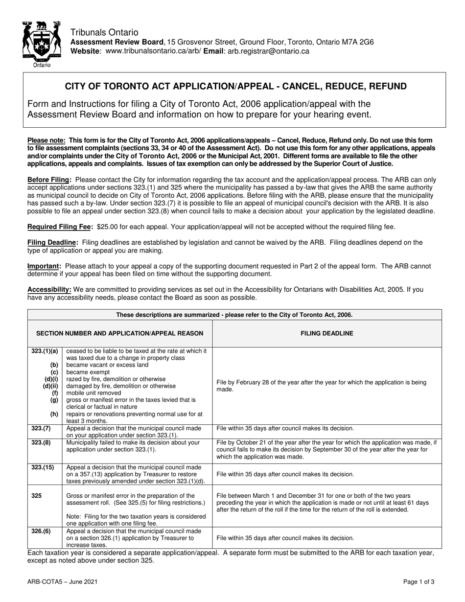 Form ARB-COTA5 City of Toronto Act Application / Appeal - Cancel, Reduce, Refund - Ontario, Canada, Page 1