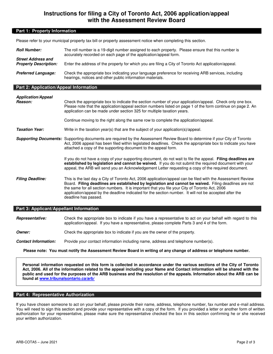 Form ARB-COTA5 City of Toronto Act Application / Appeal - Cancel, Reduce, Refund - Ontario, Canada, Page 2