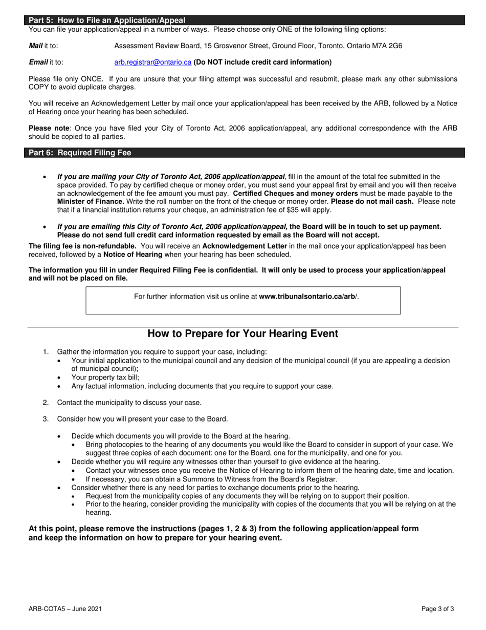 Form ARB-COTA5 City of Toronto Act Application / Appeal - Cancel, Reduce, Refund - Ontario, Canada, Page 3