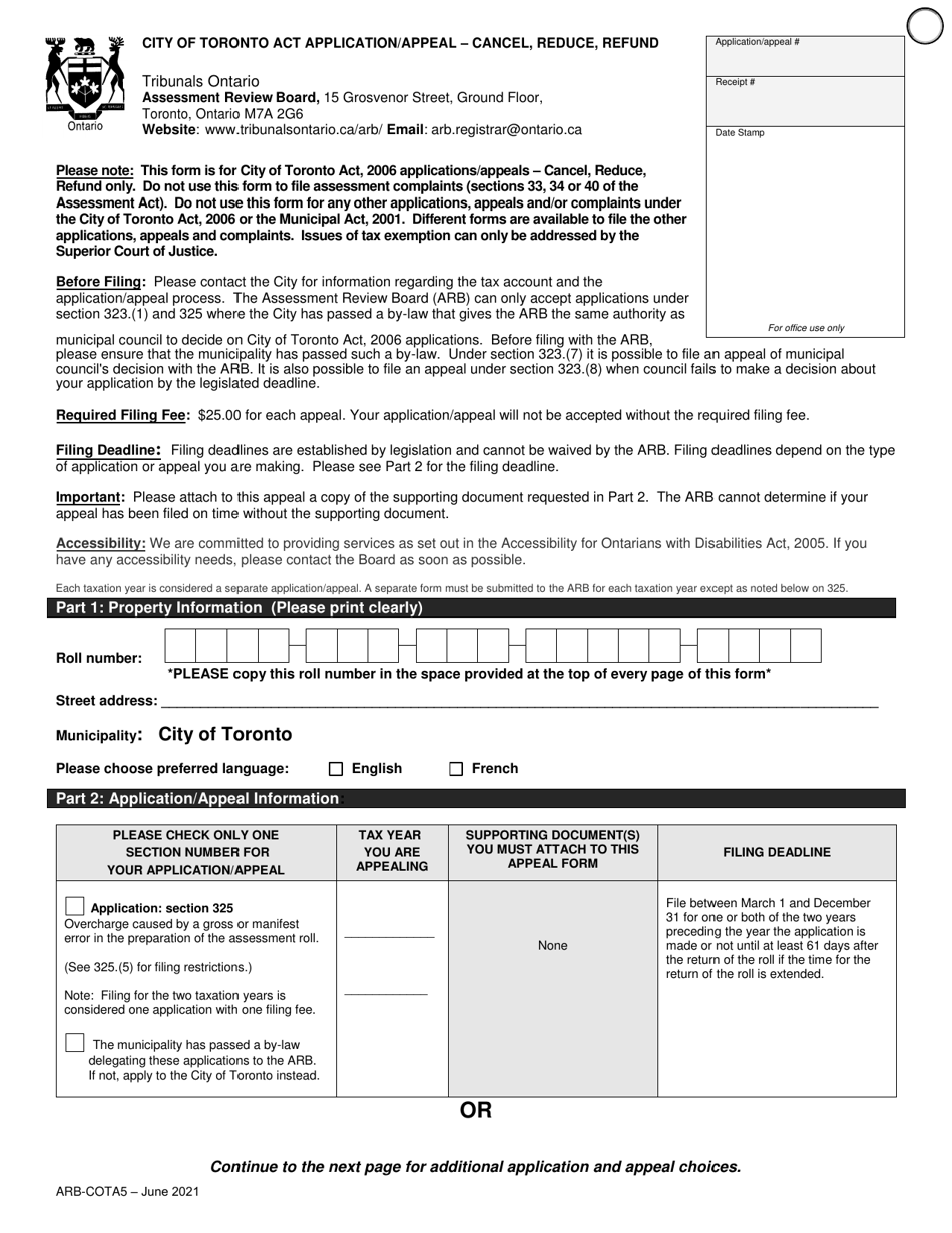 Form ARB-COTA5 City of Toronto Act Application / Appeal - Cancel, Reduce, Refund - Ontario, Canada, Page 4