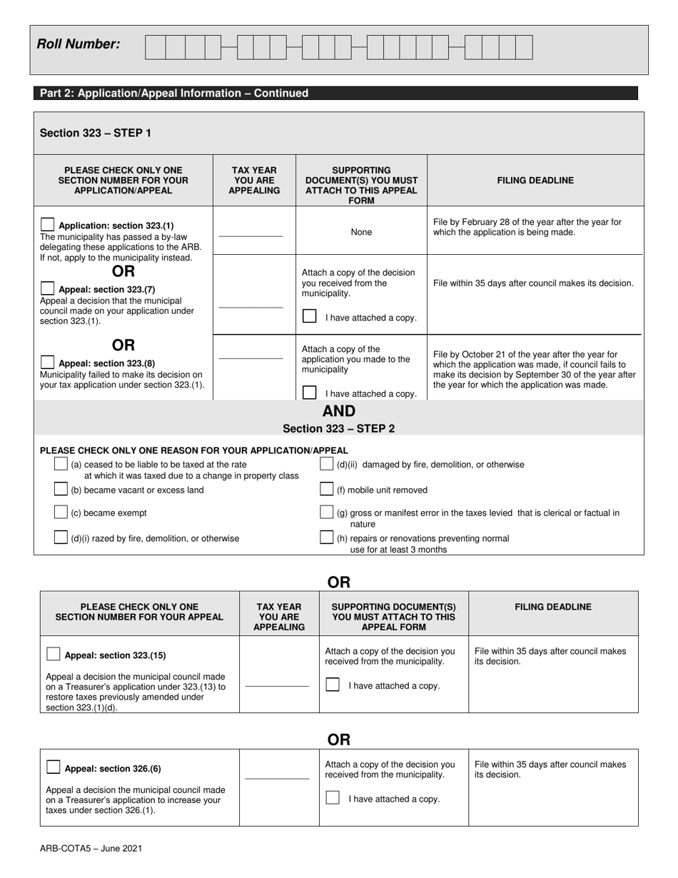 Form ARB-COTA5 City of Toronto Act Application / Appeal - Cancel, Reduce, Refund - Ontario, Canada, Page 5