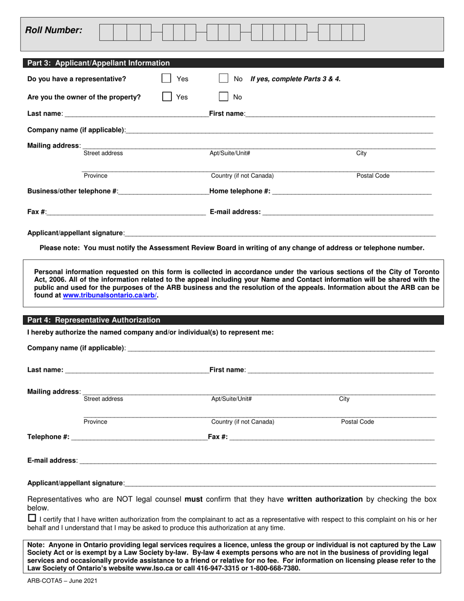 Form ARB-COTA5 City of Toronto Act Application / Appeal - Cancel, Reduce, Refund - Ontario, Canada, Page 6